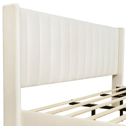 King Mid-Century Platform Bed Frame with Cream Velvet Upholstered Headboard