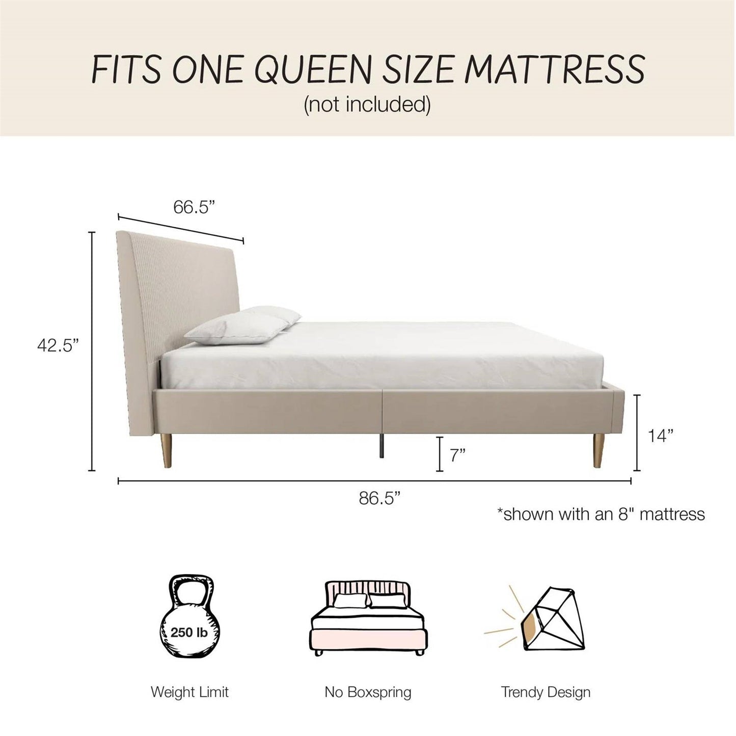 Queen Mid-Century Ivory Cream Velvet Upholstered Platform Bed with Headboard