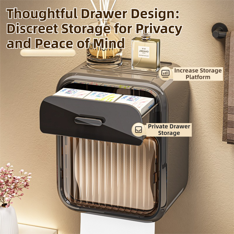 Black No-Drill Wall Mounted Toilet Paper Holder with Storage Shelf and Drawer - Waterproof Bathroom Tissue Dispenser for Roll & Face Tissue