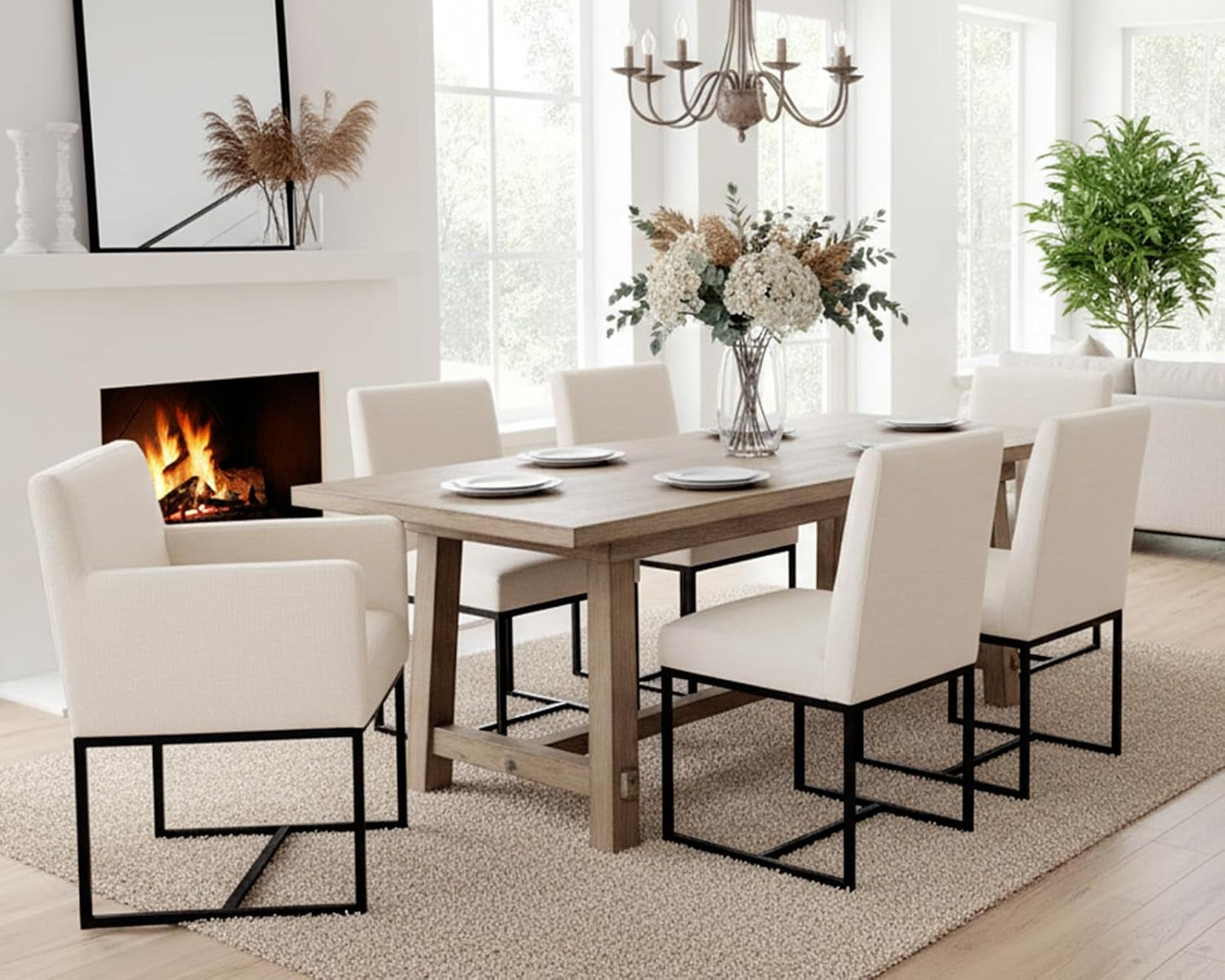 Cream Linen Upholstered Dining Chairs Midcentury Modern