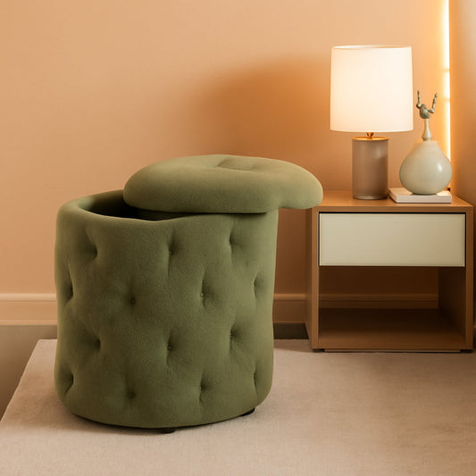 Circular Moss Green Storage Ottoman Diamond Tufted