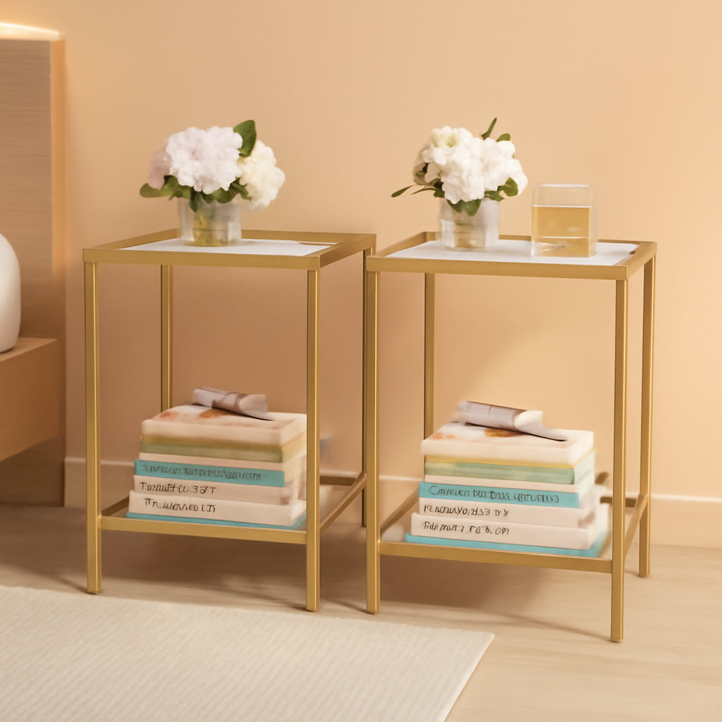 Interlocking Braced Gold Tempered Glass End Tables