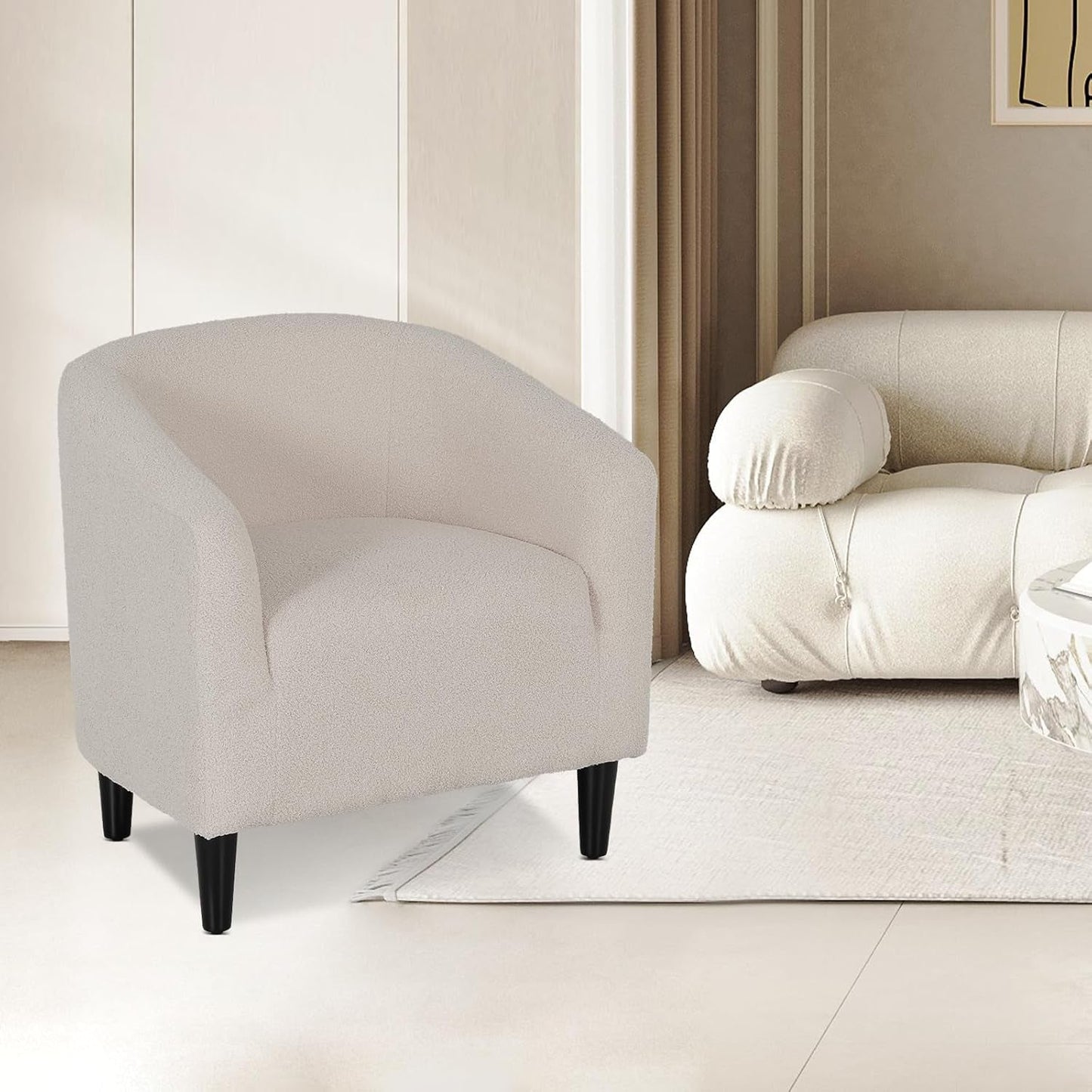 Grey Furry Barrel Accent Chair Velvet Textured Upholstered