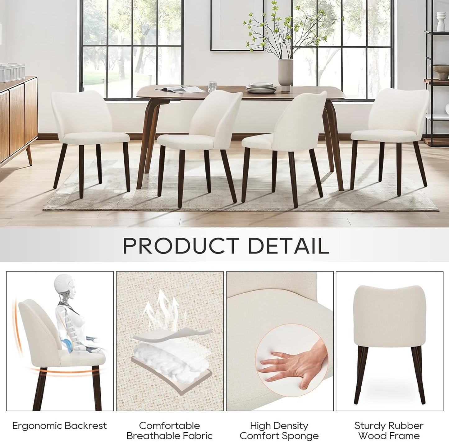 Beige Upholstered Dining Chairs With Wood Legs Set Of 6