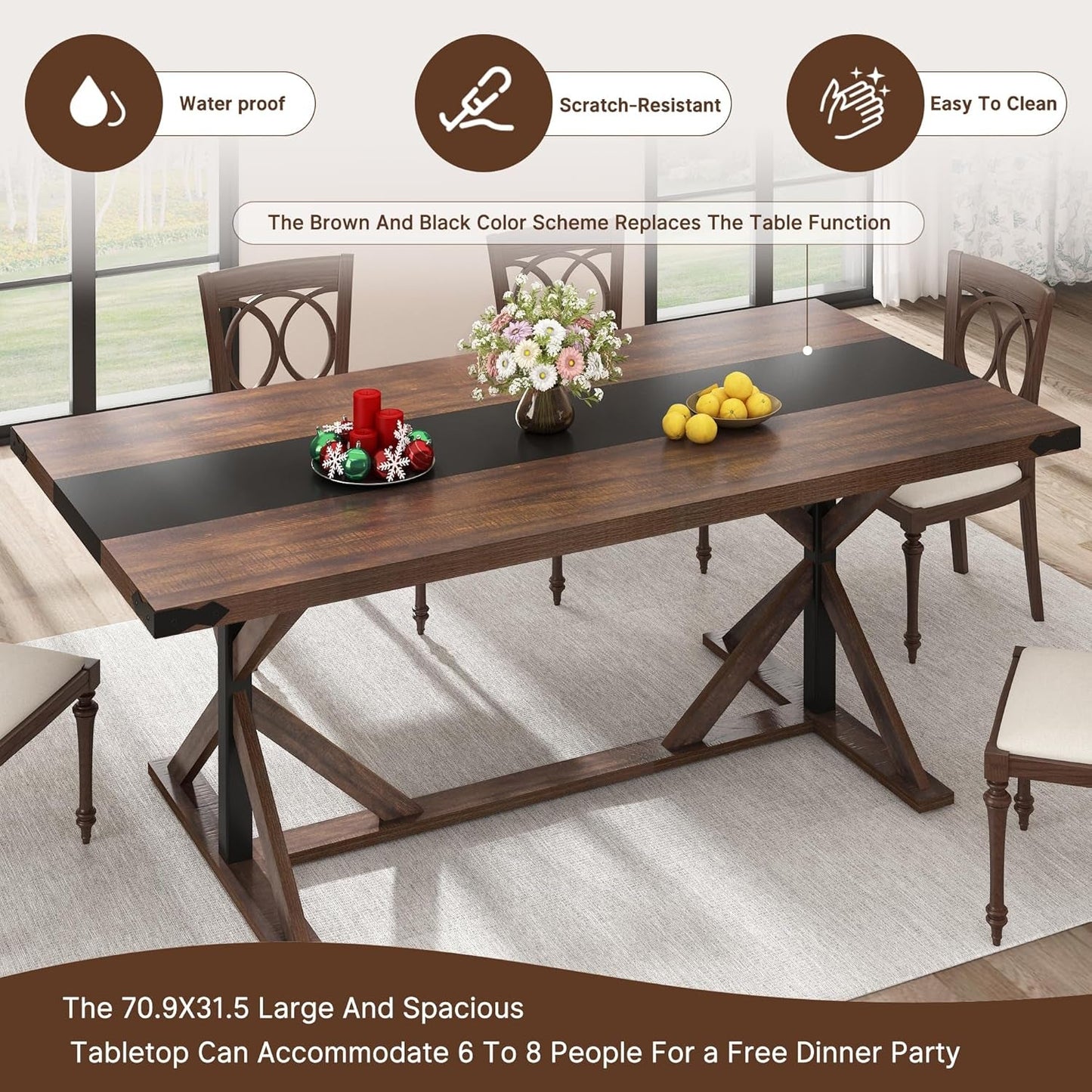 71 Inch Farmhouse Dining Table Waterproof Wood Grain Top