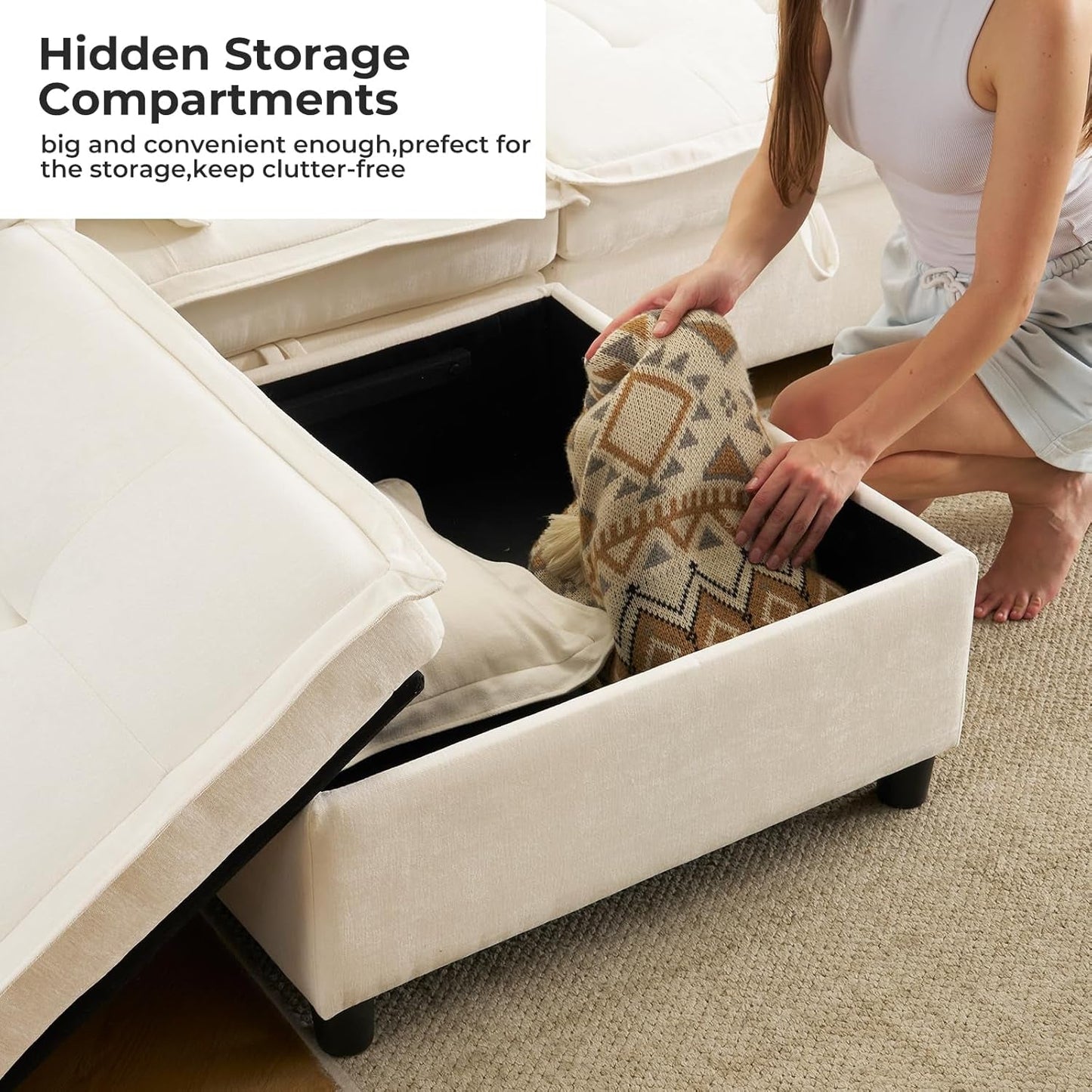 White OneThirtyThreeInch Modular Sectional Sofa Hidden Storage