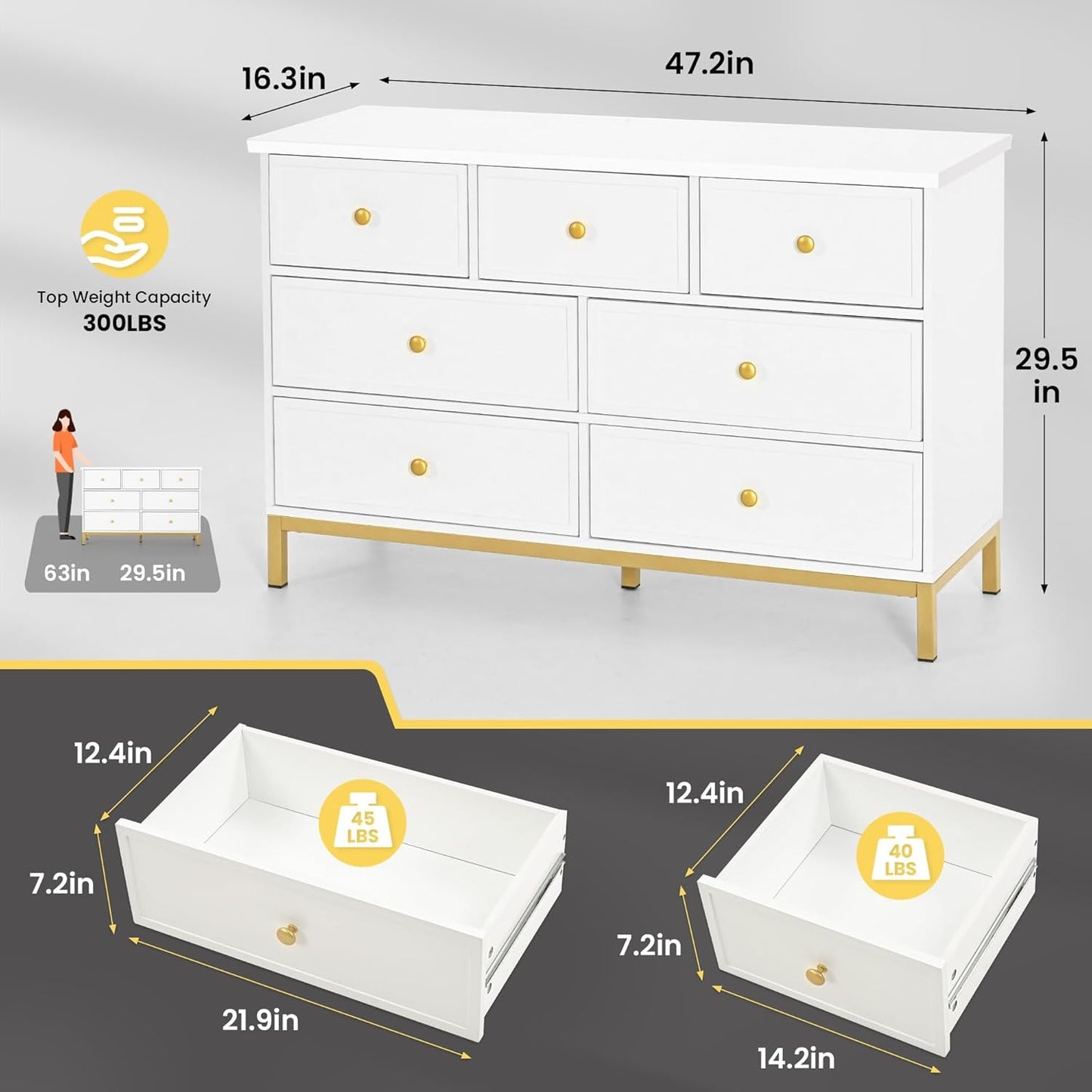White 47 Inch 7 Drawer Dresser With Deep Drawers Storage
