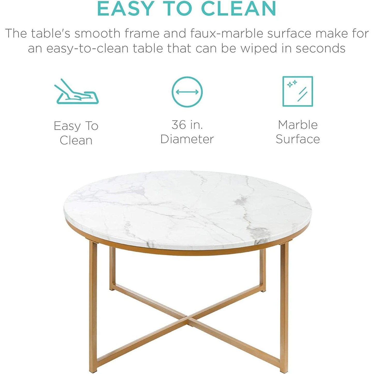 Round Coffee Table With Faux Marble Top Cross Leg Design
