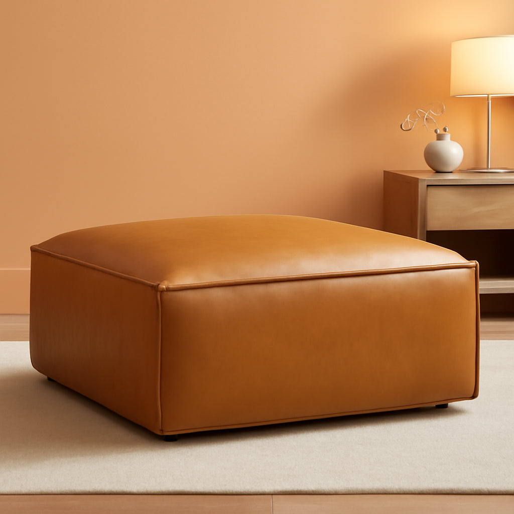 Tan Vegan Leather Contemporary Sectional Sofa Ottoman