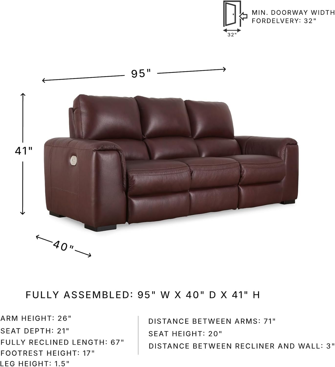 Garnet Leather Power Recliner Sofa Adjustable Headrest