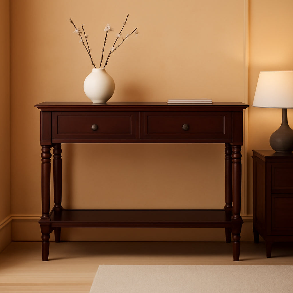 Dark Cherry Two Drawer Console Table Solid Pine Wood Finish