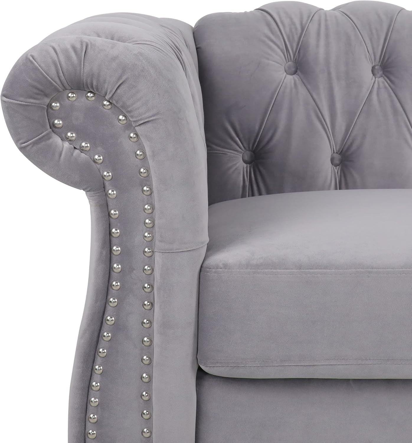 Three Piece Living Room Sofa Set Grey Velvet Chesterfield Sofa Club Chair Loveseat Nailhead Trim
