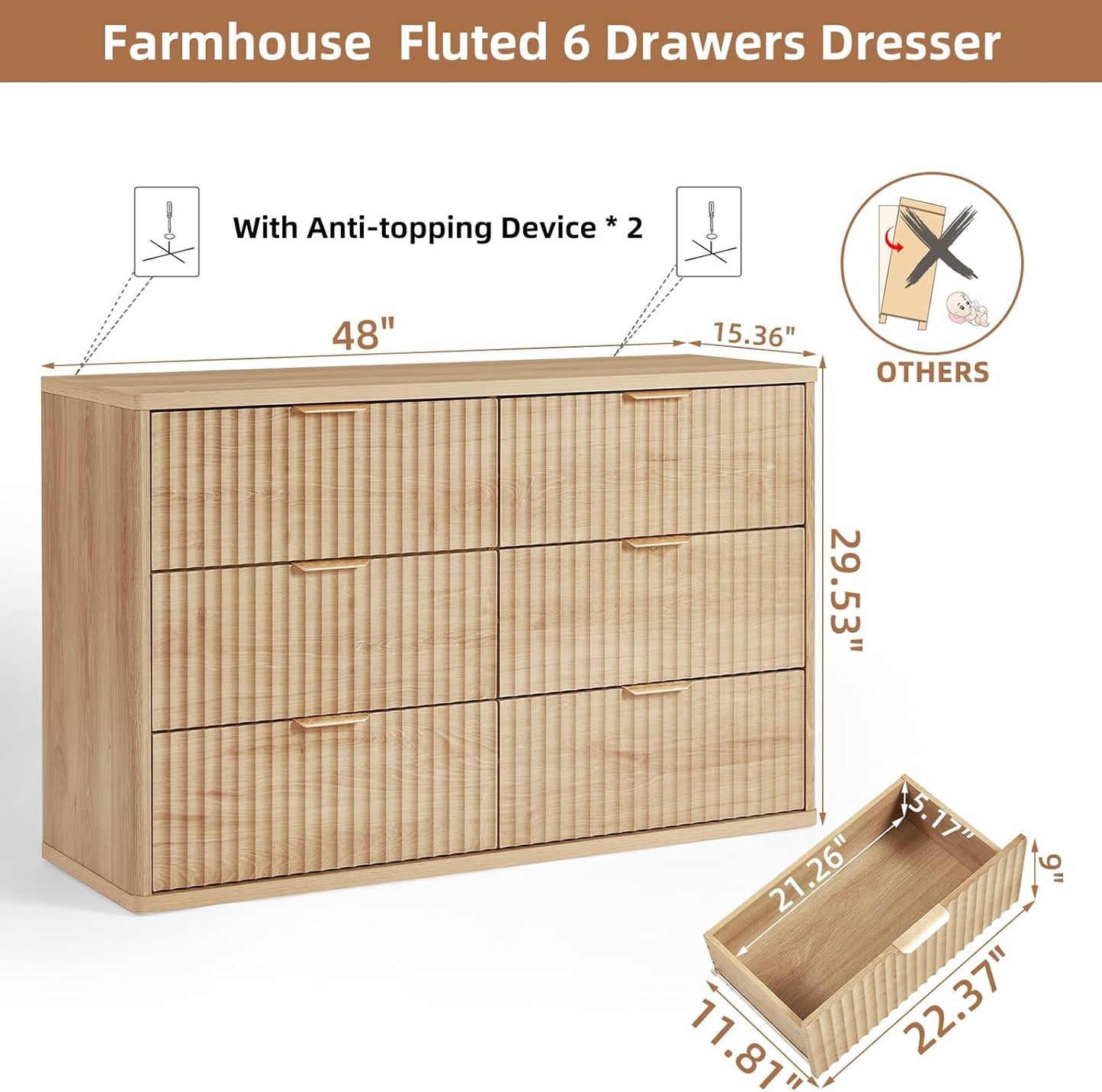 Fluted 6 Drawer Dresser 48 Inch Natural Wood Finish