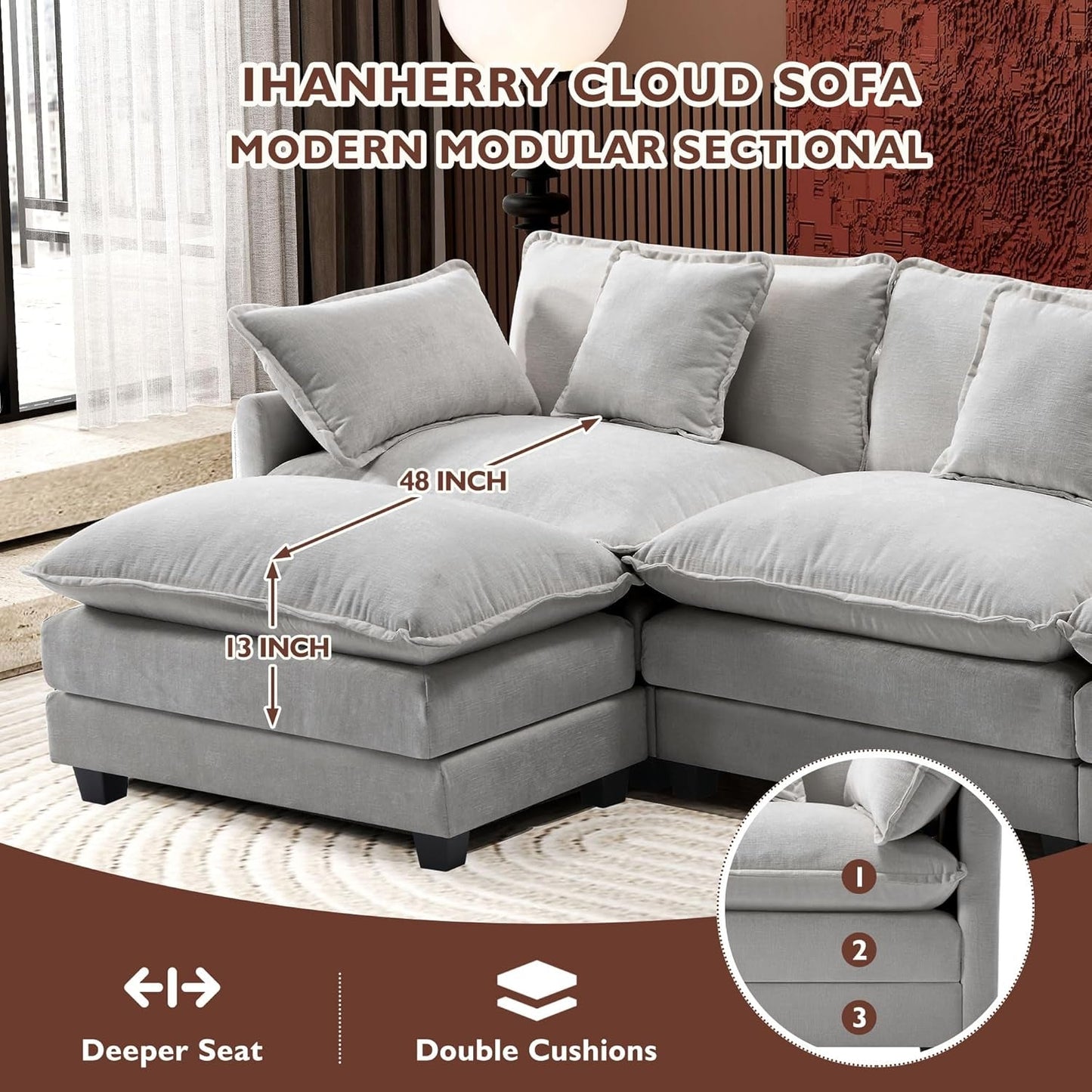 111 Inch L Shaped Modern Glam Sofa Sectional With Ottoman Cloud Foam Cushions Grey Chenille