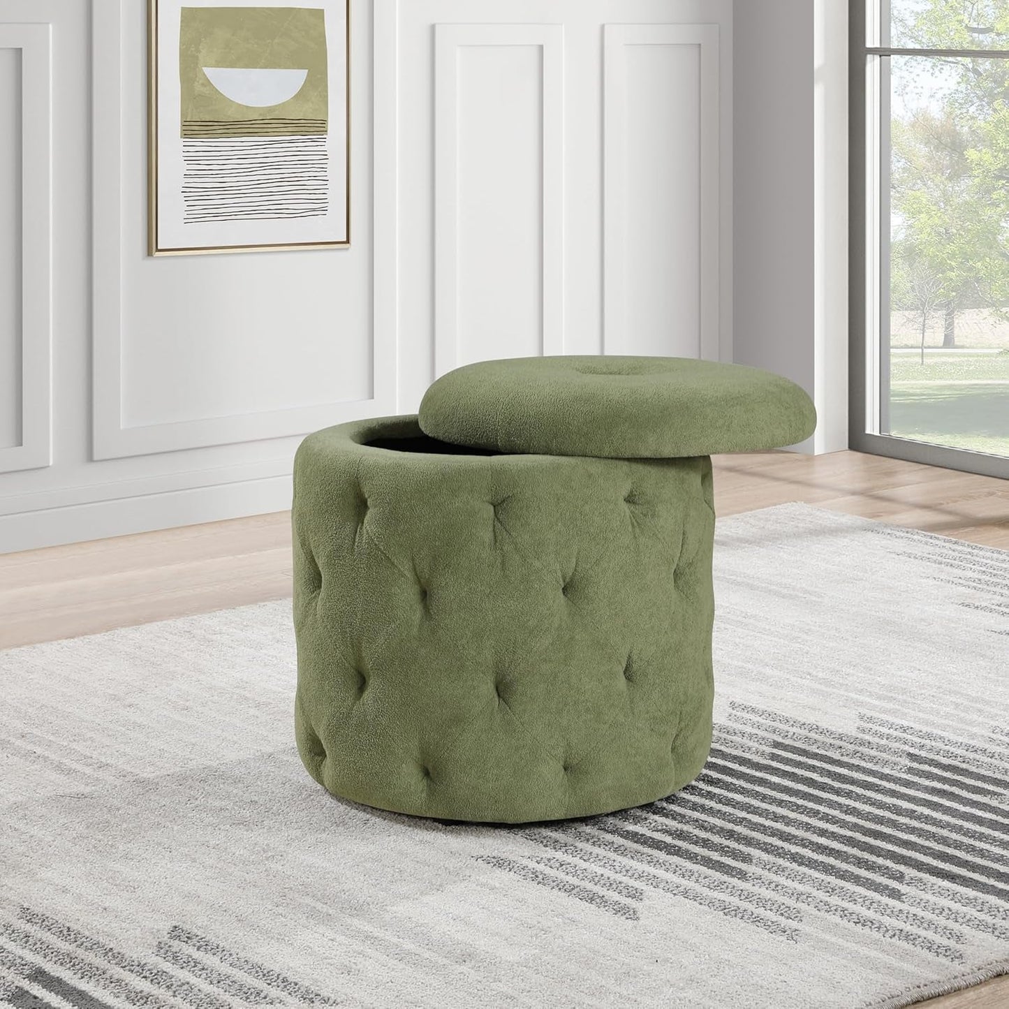 Circular Moss Green Storage Ottoman Diamond Tufted