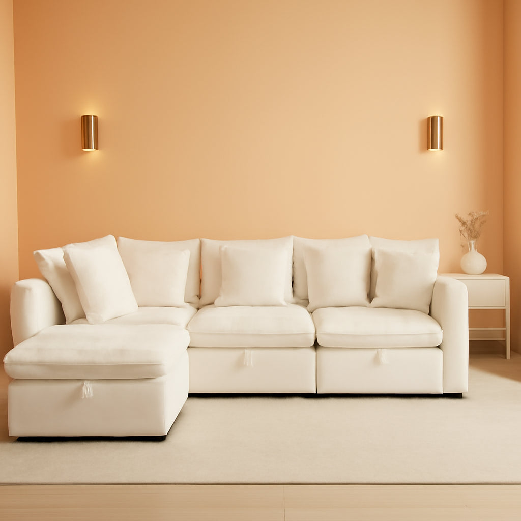 White OneThirtyThreeInch Modular Sectional Sofa Hidden Storage