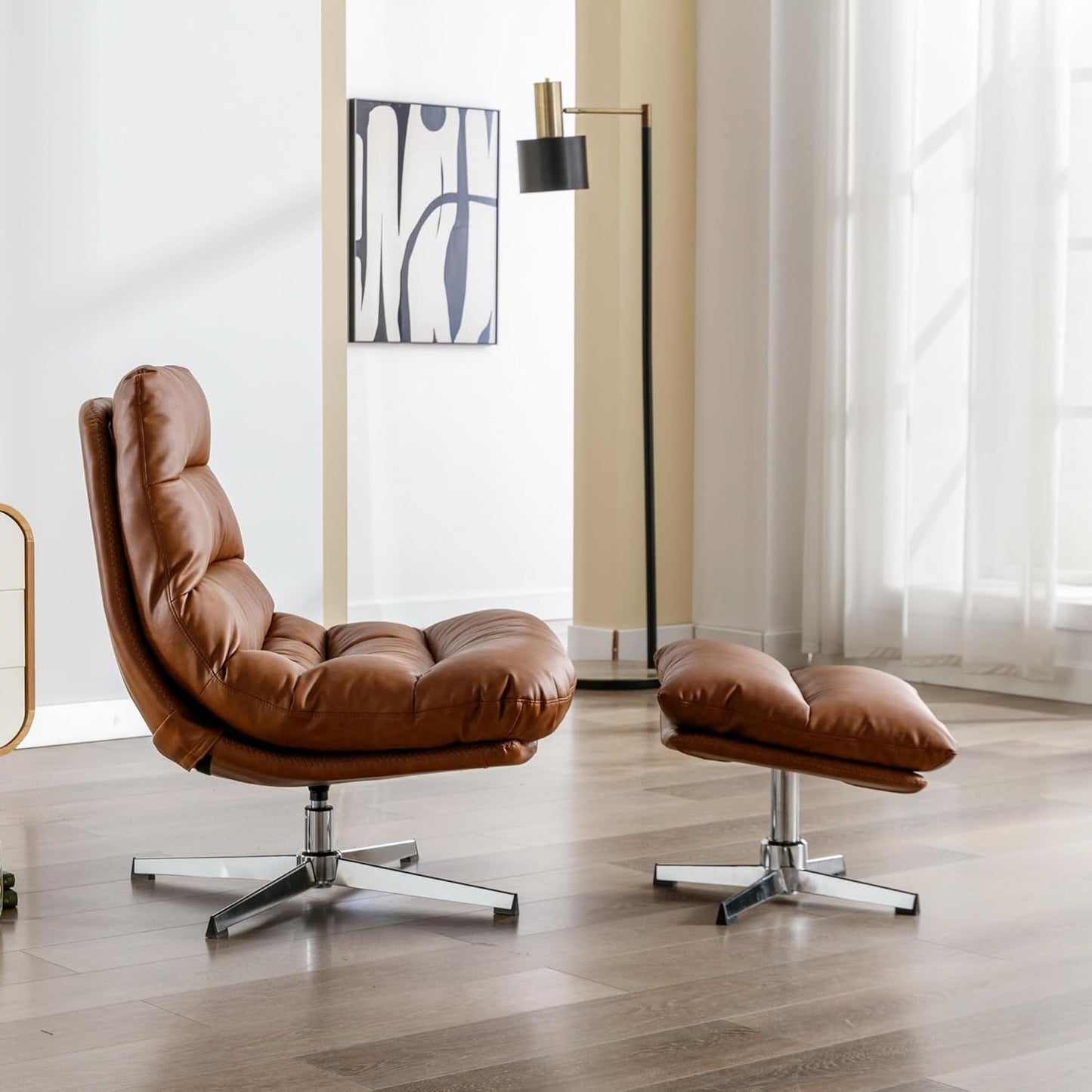 Brown Upholstered Faux Leather Swivel Chair Ottoman