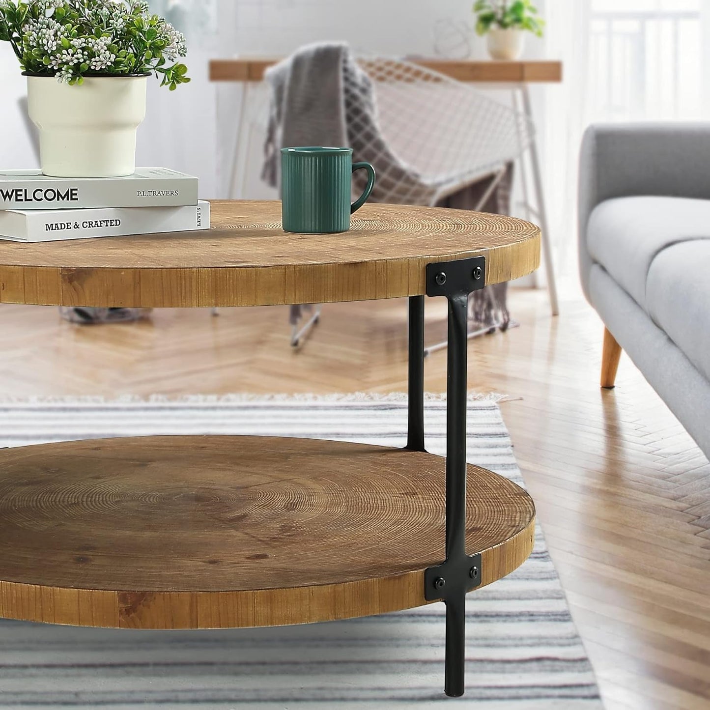 Round Boho Solid Hardwood Coffee Table 29 Inch Natural