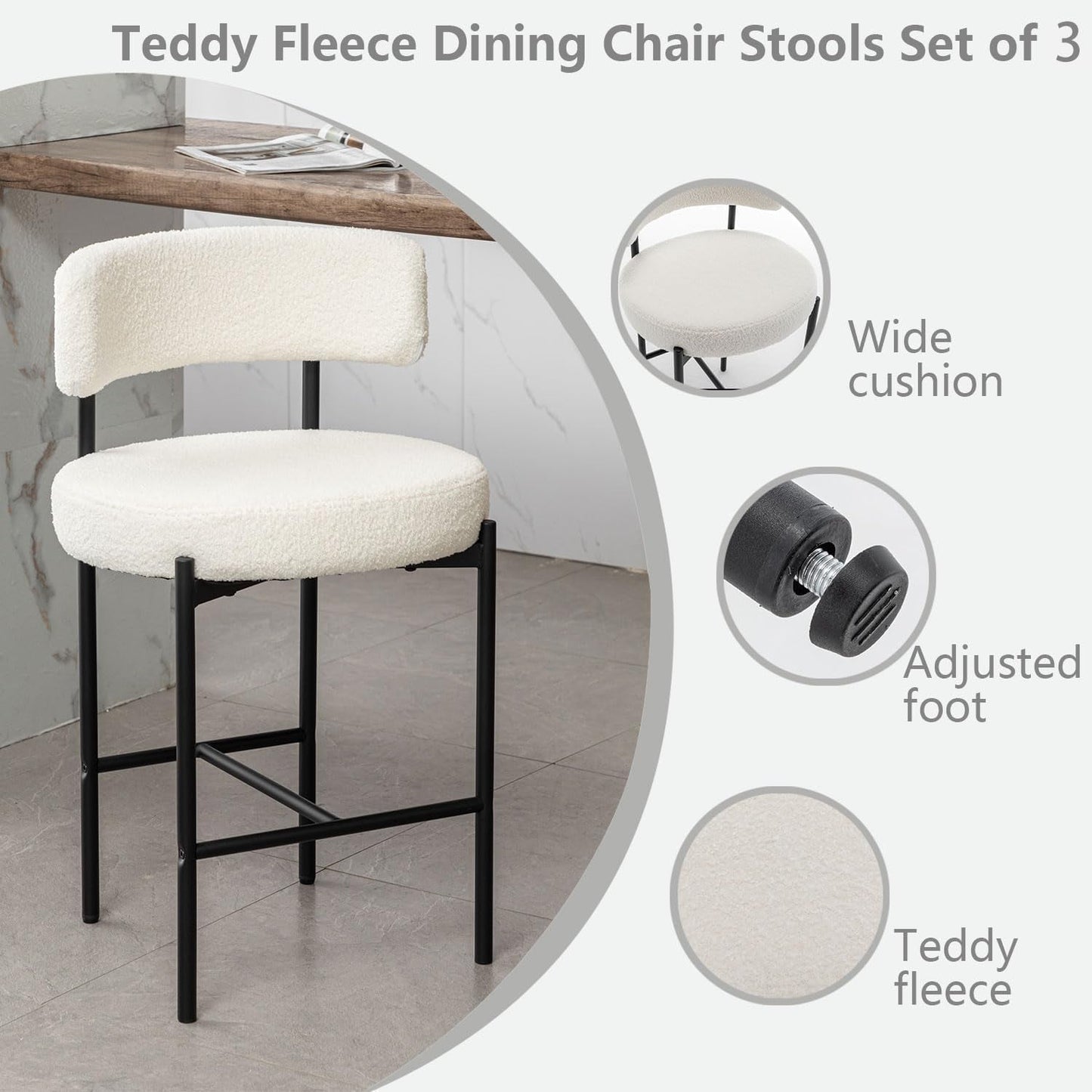 Boucle Bar Stools Set Of 3 24 Inch White Upholstered Counter Stools With Backs