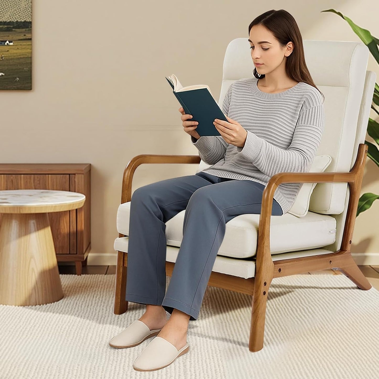 High Back Mid Century Linen Accent Chair For Living Room