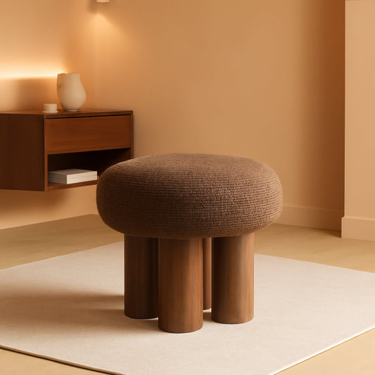 Luxurious Dark Brown Boucle Round Ottoman Footstool