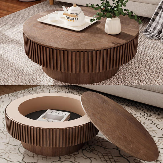 Walnut Round Coffee Table With Hidden Storage Compartment
