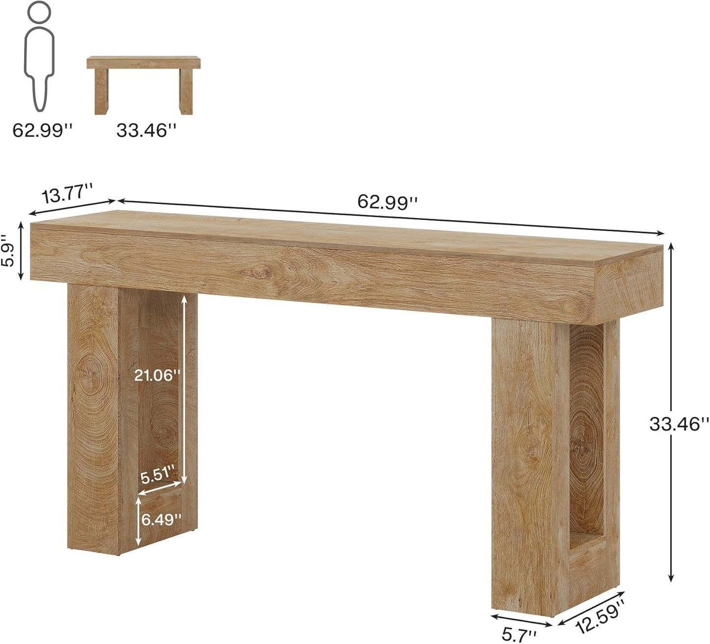 Farmhouse 63Inch Console Table Natural Wood Entryway
