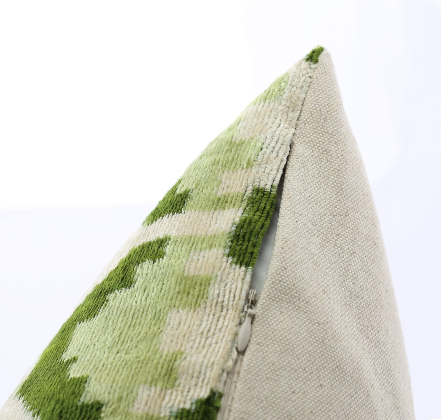 Canvello Handmade Velvet Lumbar Pillow in Green and Cream Ikat Design - High-Quality Decorative Accent with Premium Down Feather Insert