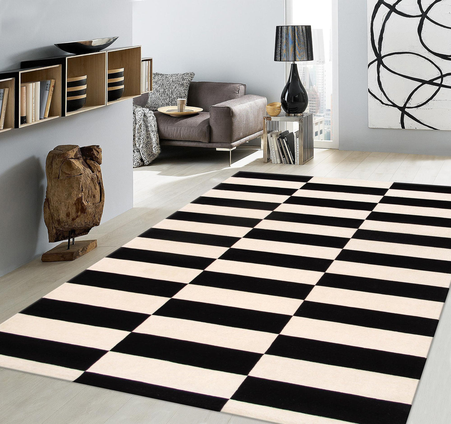 Canvello Modern Hand-Tufted White/Black Bsilk & Wool Area Rug- 5' X 8'