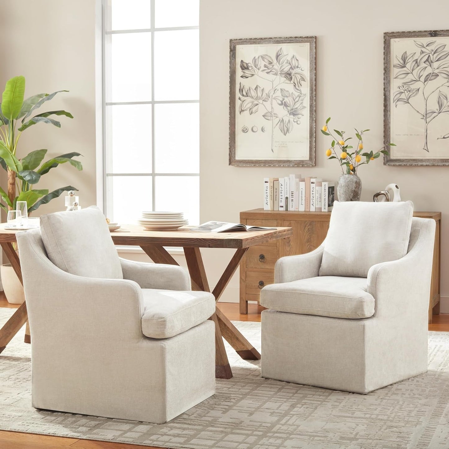 Beige Upholstered Dining Chairs With Silent Casters