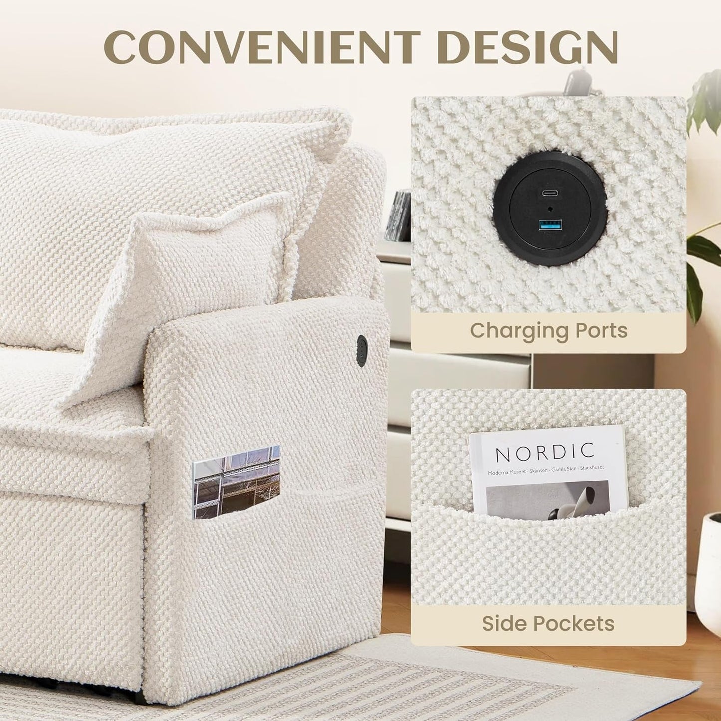 Convertible King Sofa Bed with USB Charging and Pockets