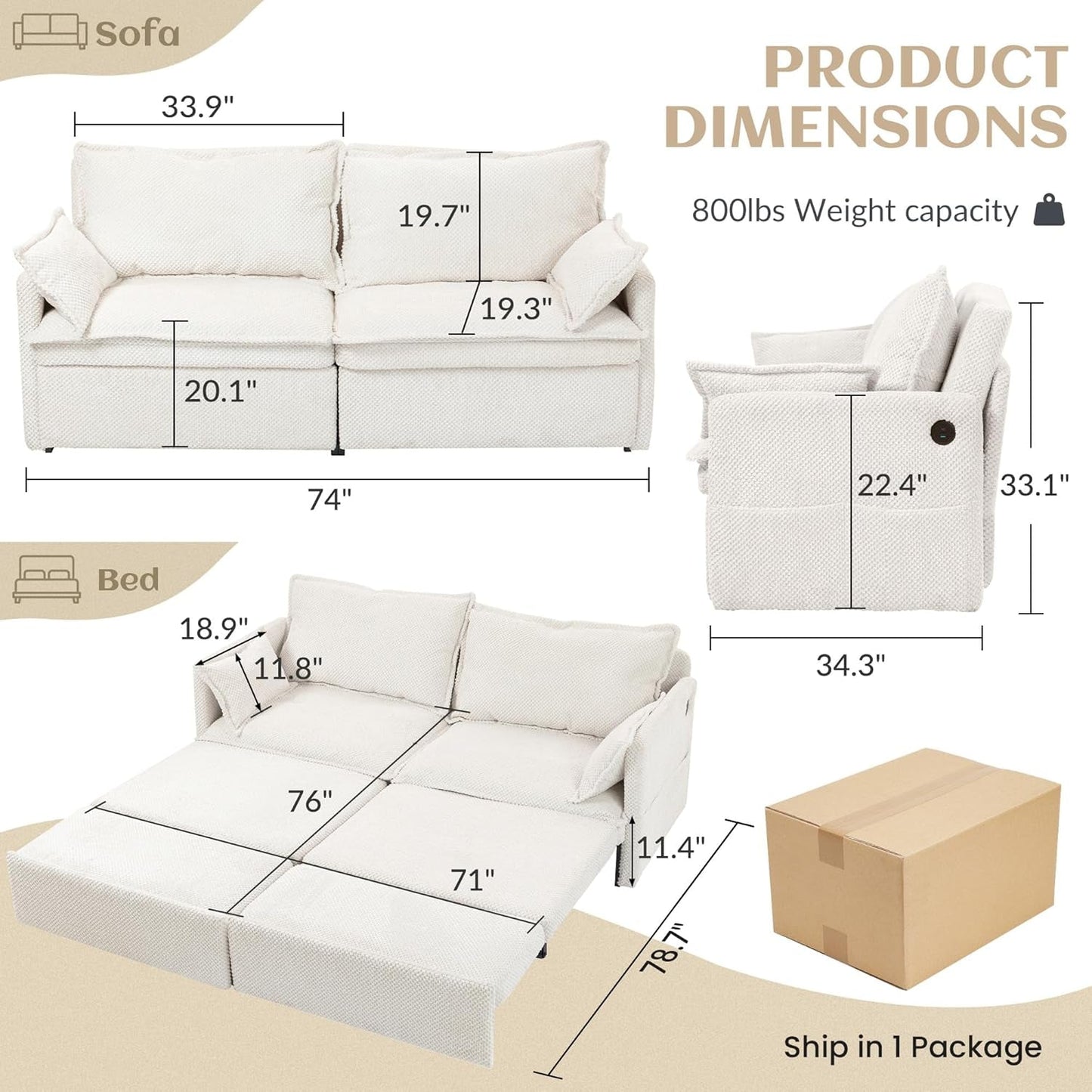 Convertible King Sofa Bed with USB Charging and Pockets