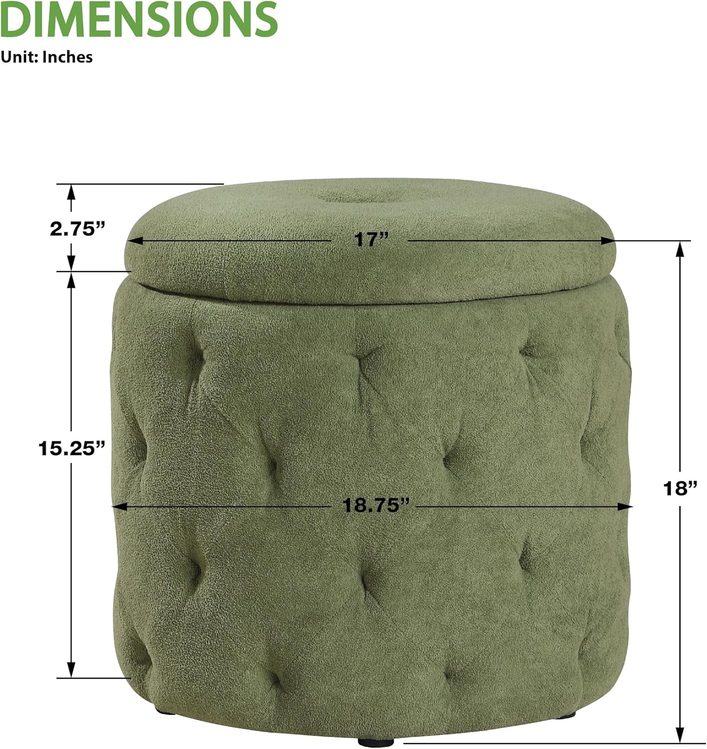 Circular Moss Green Storage Ottoman Diamond Tufted