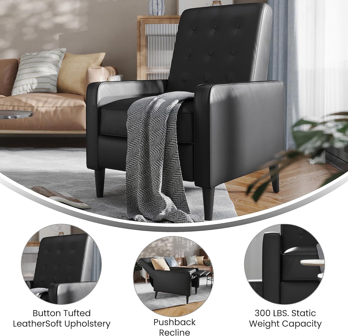 Ezra Pushback Recliner Black LeatherSoft Upholstery