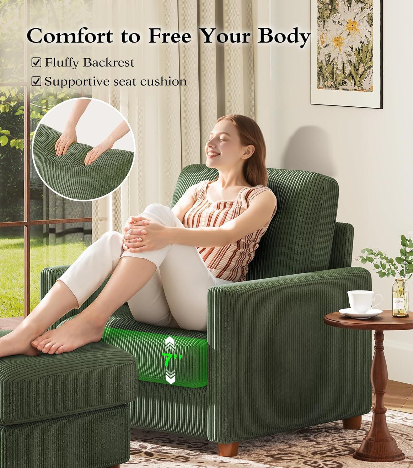 Green Corduroy Accent Chair With 22 Inch Deep Seat