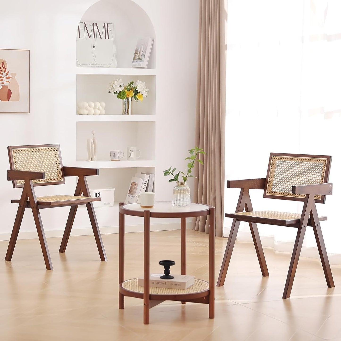 Walnut Rattan Dining Chairs Set Of 2 Ergonomic Back