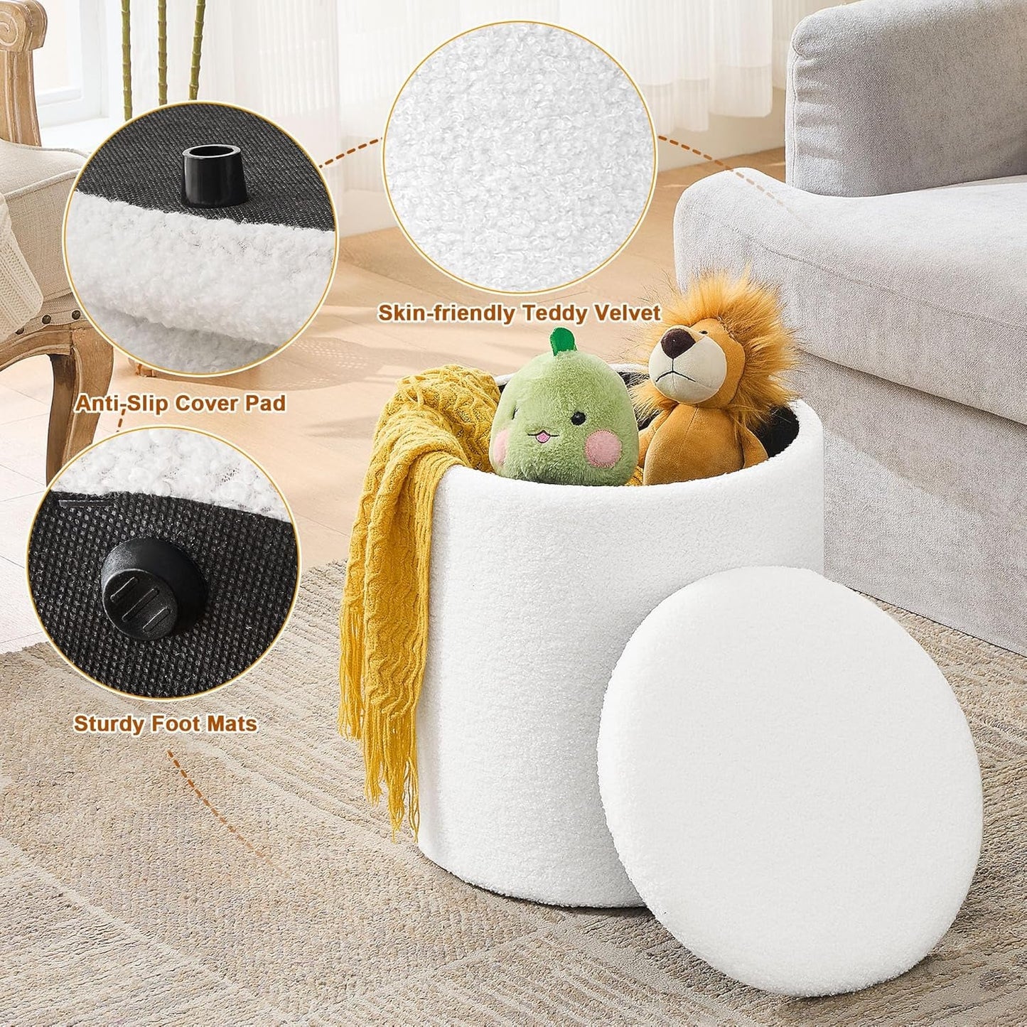 White Round Boucle Velvet Upholstered Storage Ottoman