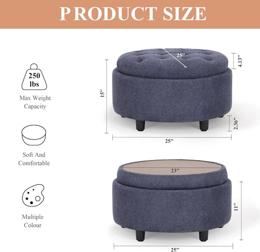 Blue Upholstered Circular Storage Ottoman With Tray
