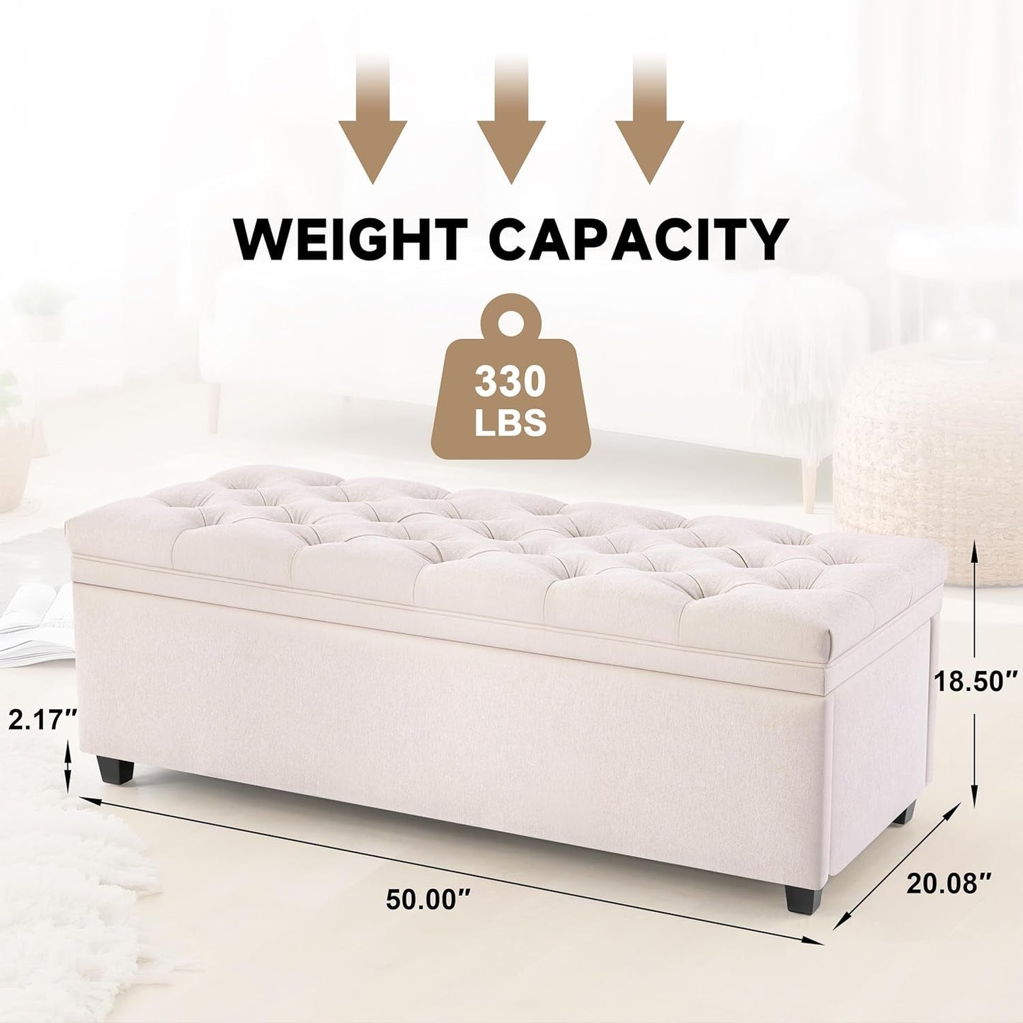 50 Inch Beige Tufted Storage Ottoman Bench Upholstered