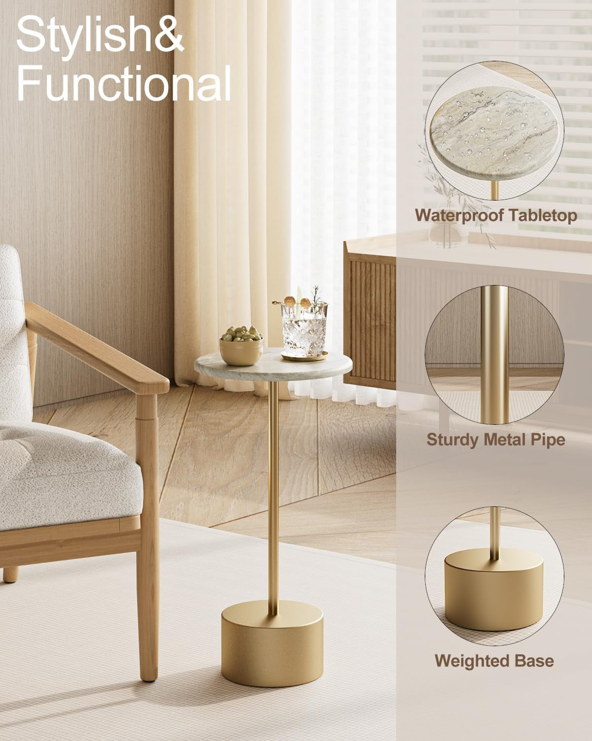 Gold Contemporary Pedestal Cocktail Table For Living