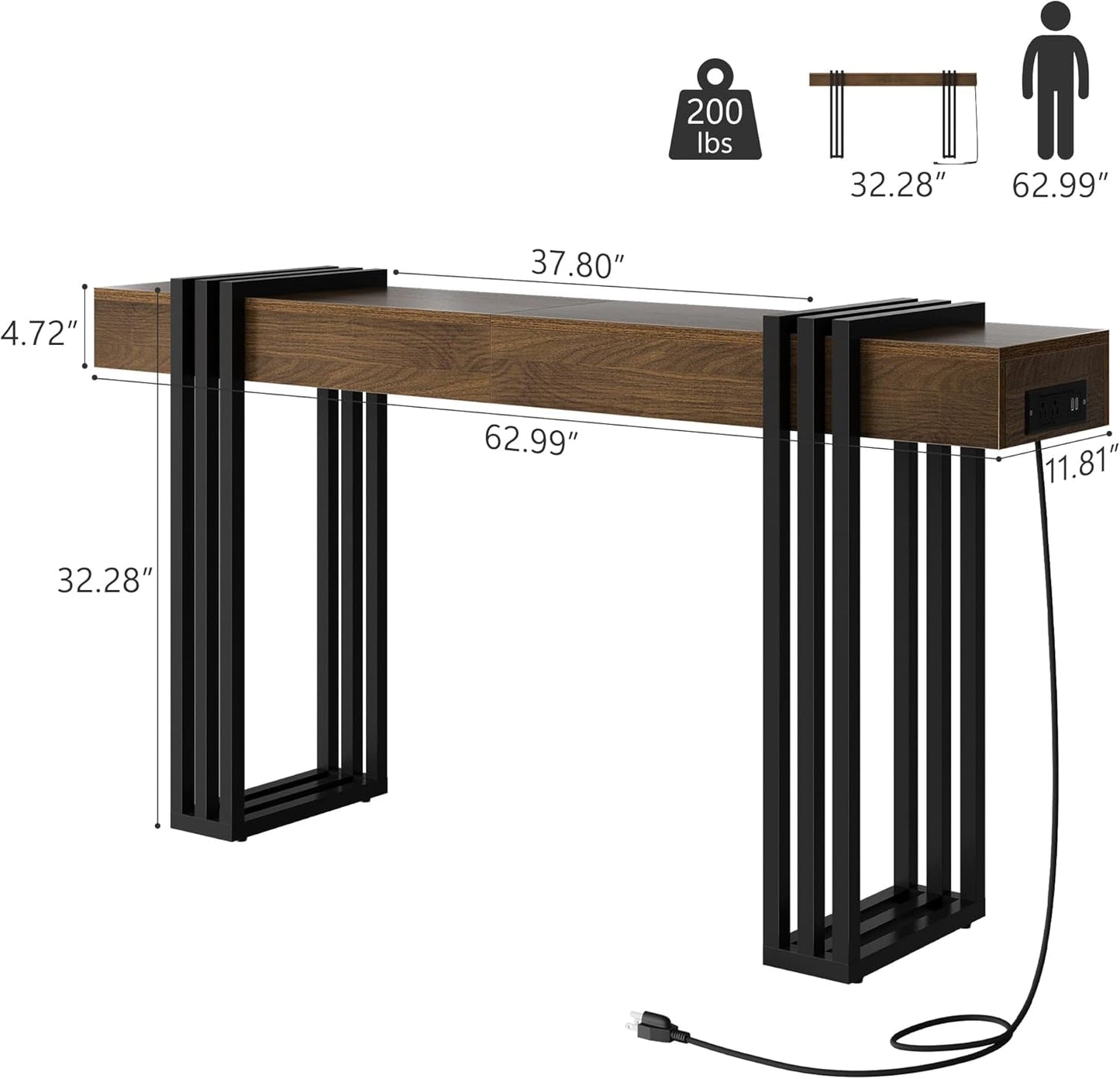 63Inch Walnut Console Table Sleek With Power Outlet