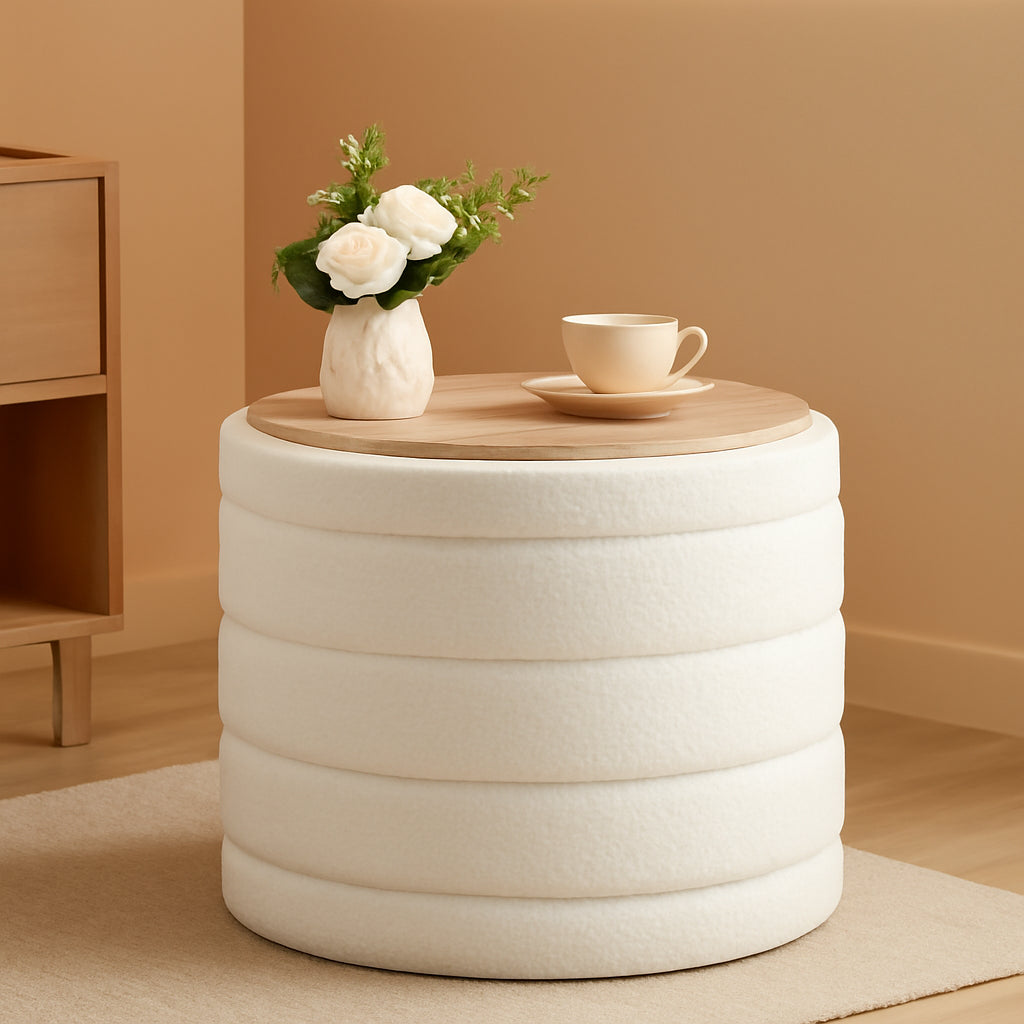 White Twenty TwoIn Round Sherpa Boucle Ottoman Tray