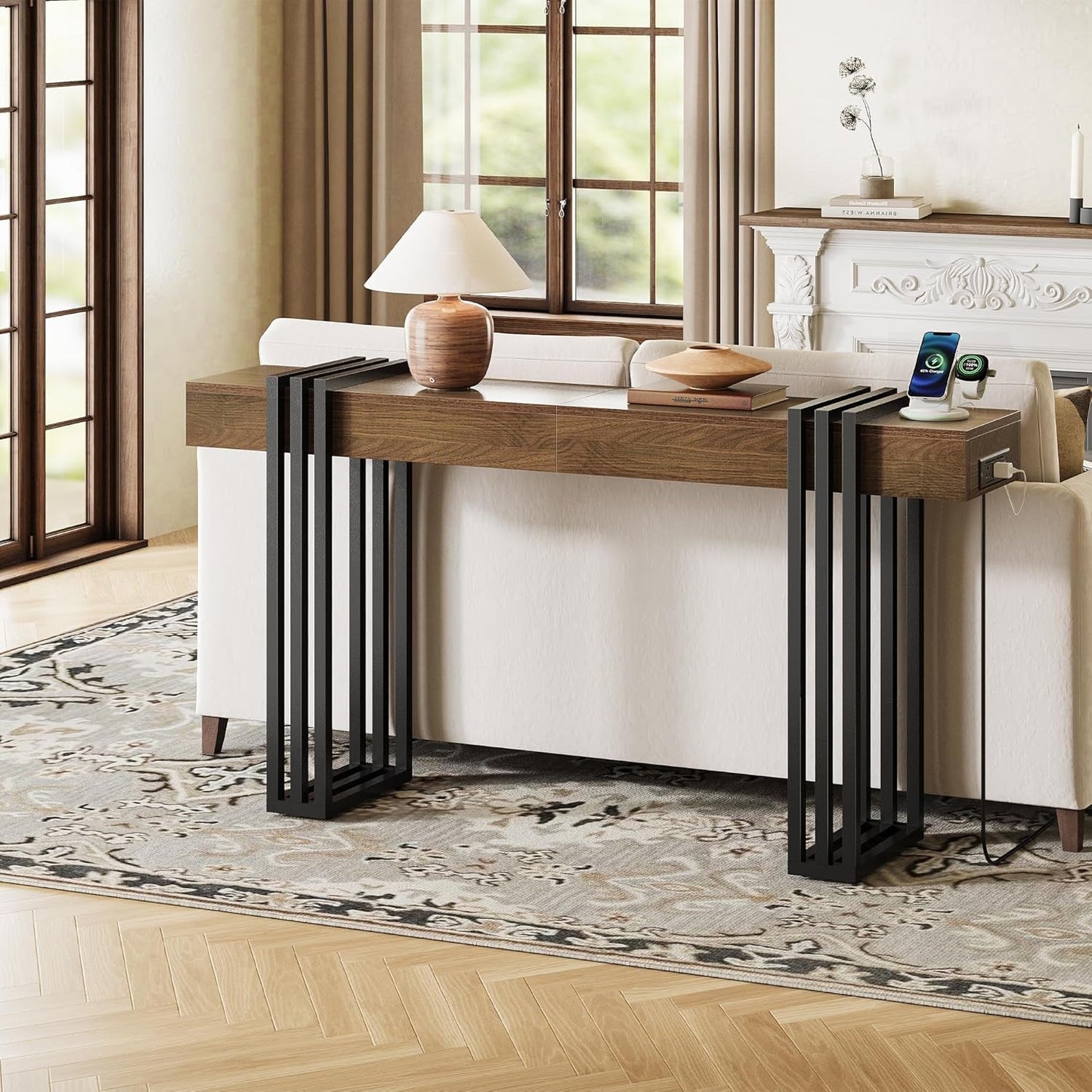 63Inch Walnut Console Table Sleek With Power Outlet