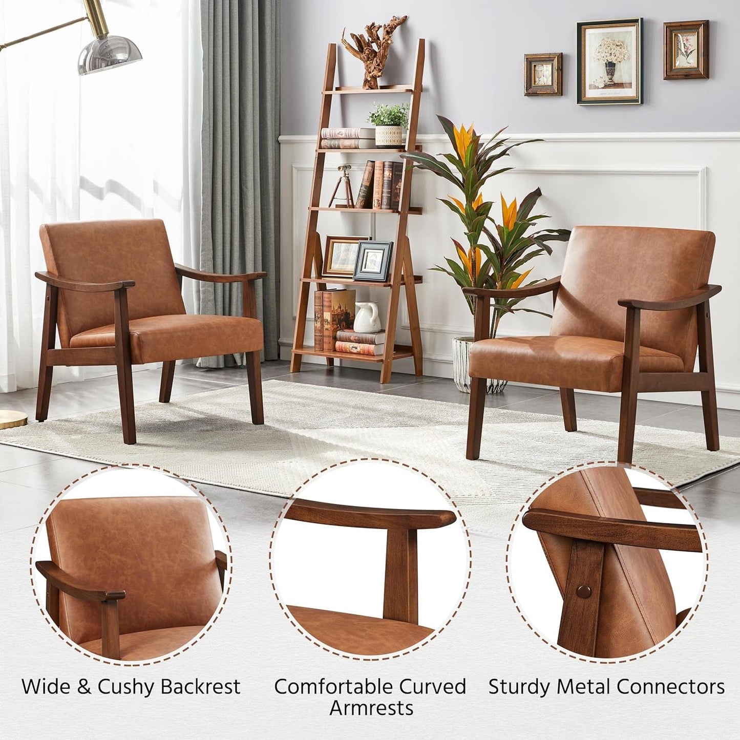 Brown PU Leather Accent Chairs Set of 2 Mid Century Modern