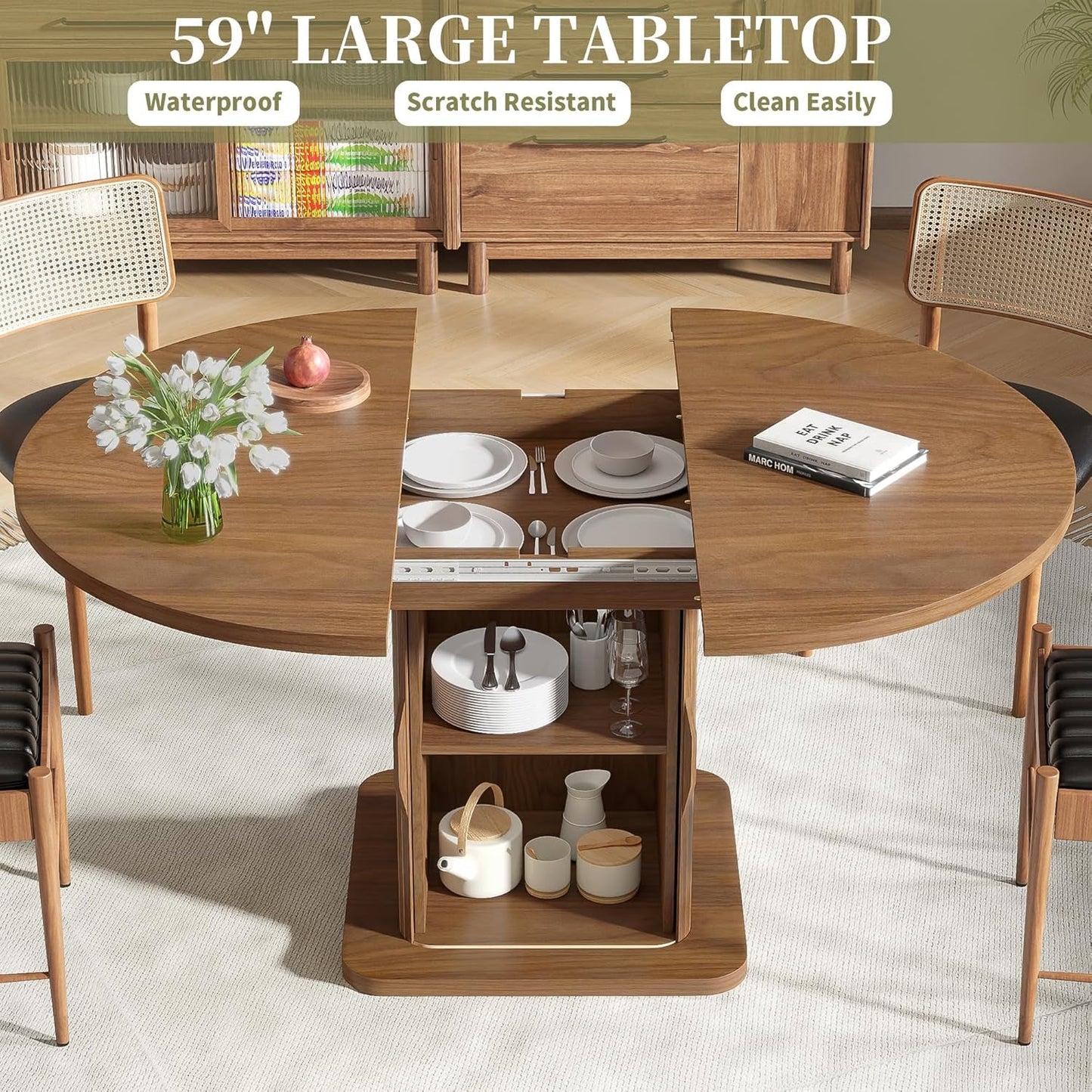 Extendable Round Dining Table 59 Inch Walnut Modern