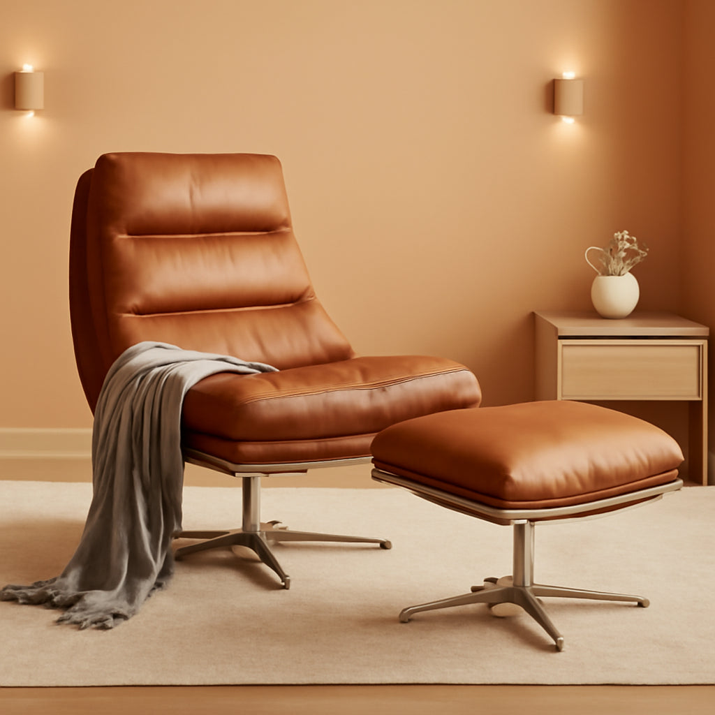 Brown Upholstered Faux Leather Swivel Chair Ottoman