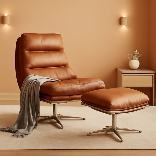 Brown Upholstered Faux Leather Swivel Chair Ottoman