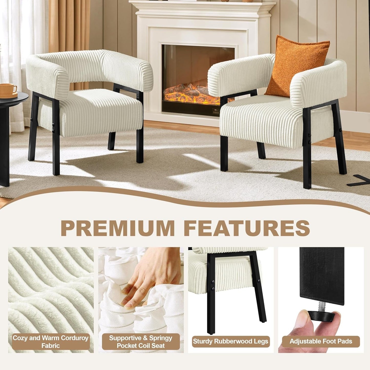 Beige Corduroy Barrel Chair With Pocket Coil Support