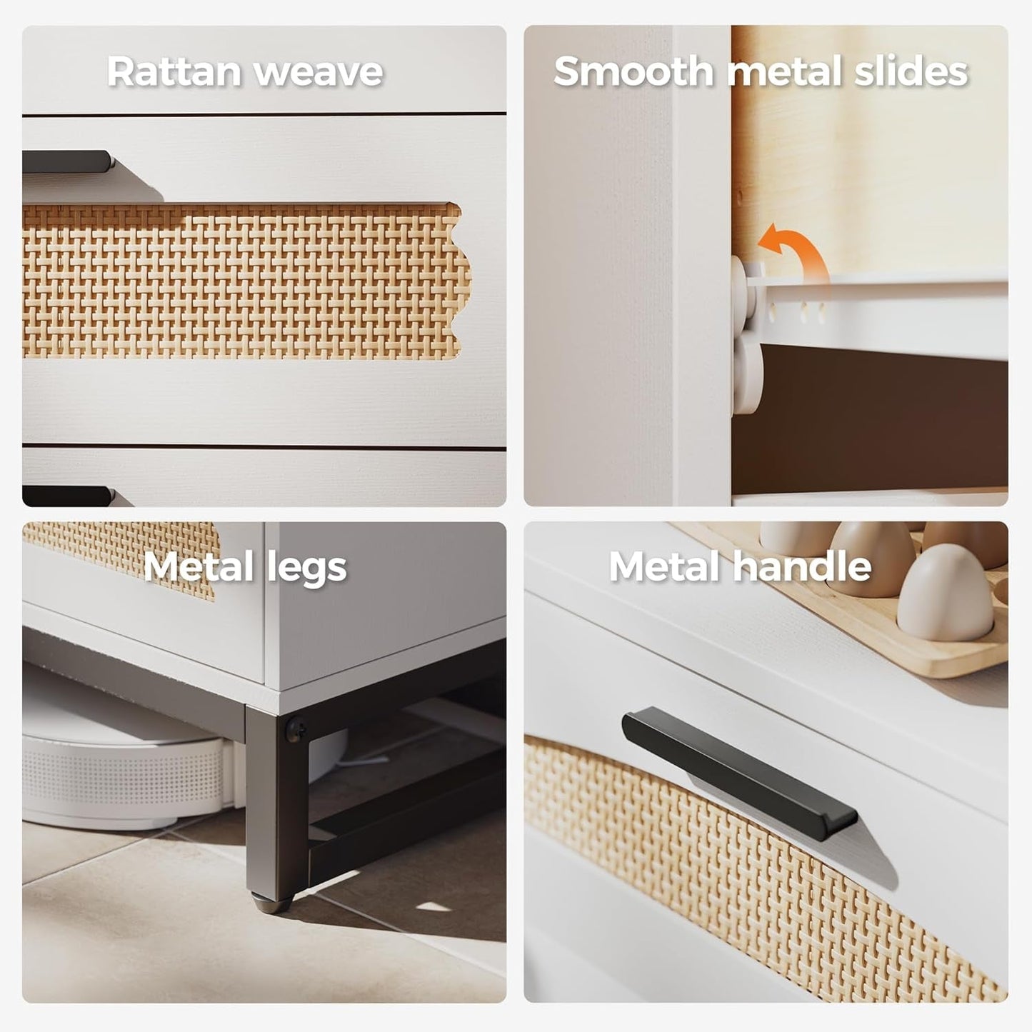 White Rattan Dresser With Industrial Metal Handles