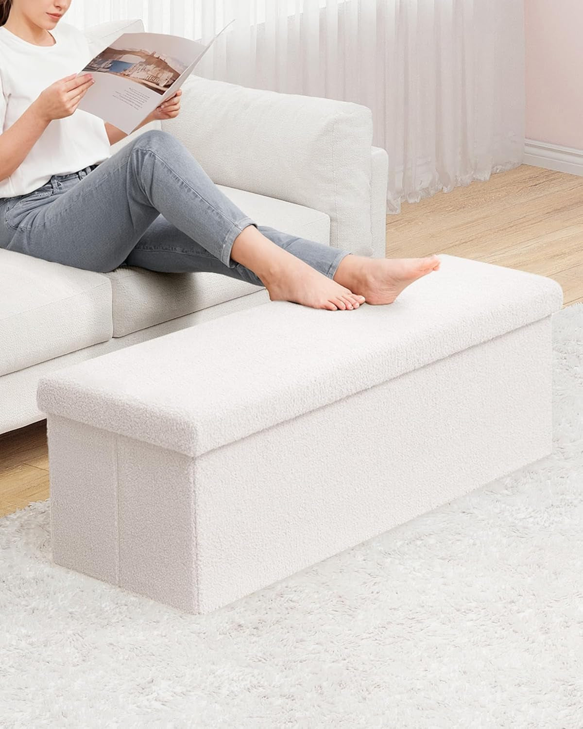 Cream White Faux Fur Storage Ottoman 43.3 Inch Dimensions